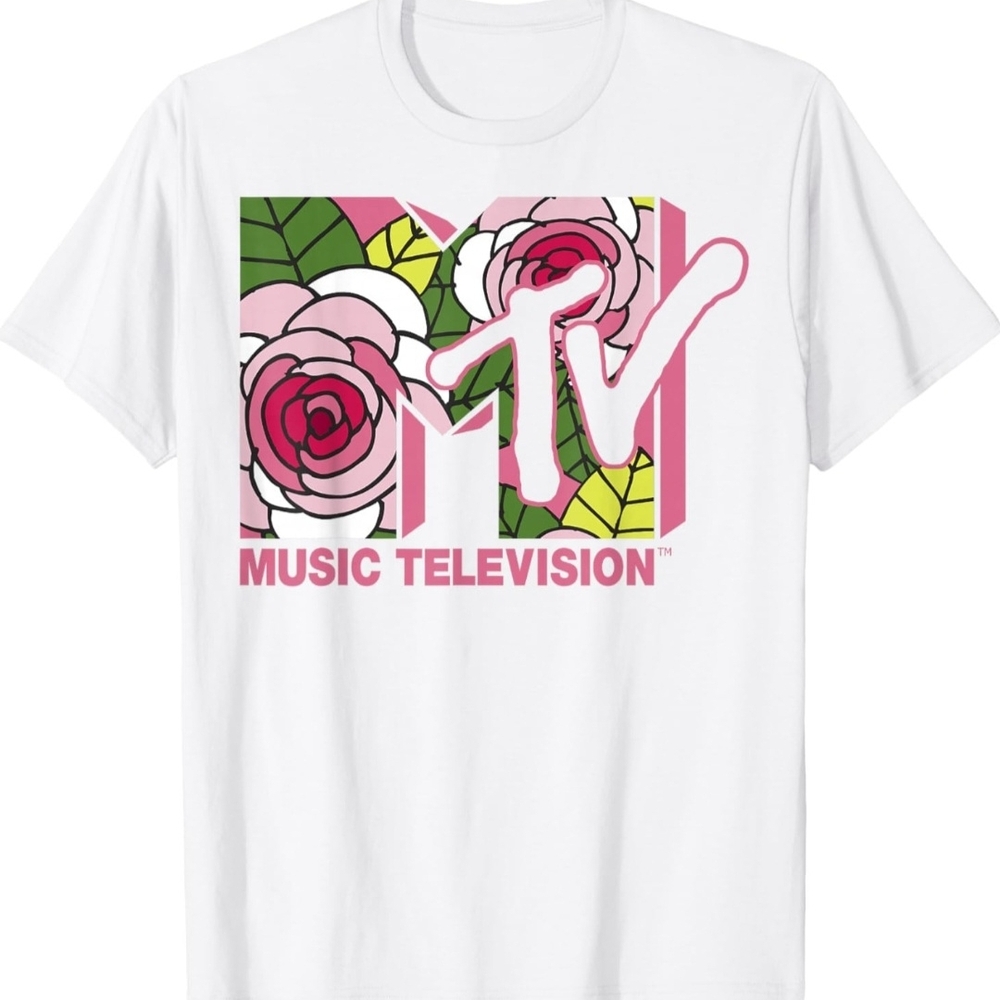 MTV White Tee with Pink and Green Floral Design (Medium) NWT